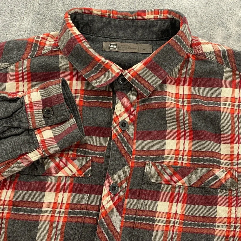 REI Co-op Mens Large Grey Orange Plaid Cotton Flannel Shirt Elbow Patches
